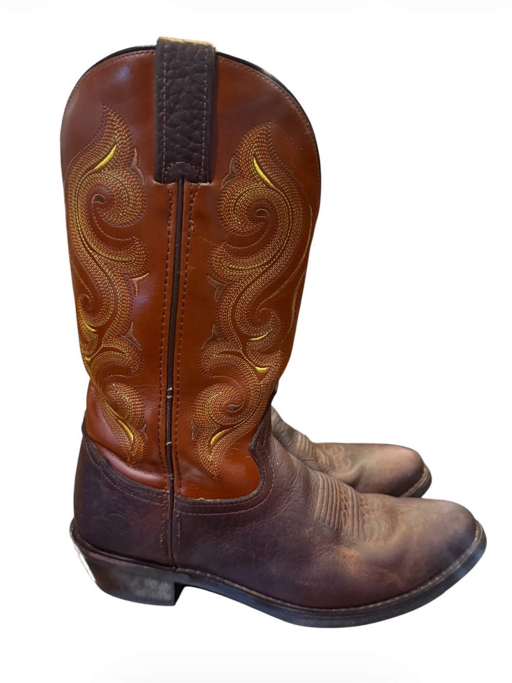 Double H Men’s 8.5D Brown Leather Western Cowboy Boots Round Toe Embroidered
